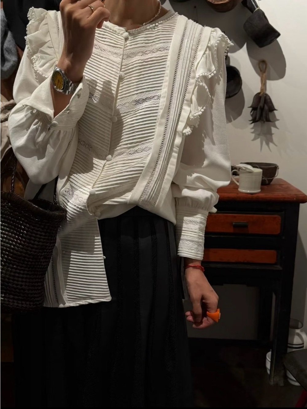Sezane Cream Pintuck Lace-Trim Blouse